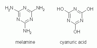 Structures of melamine and cyanuric acid.