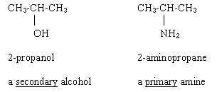 Comparison of 2-propanol, a secondary alcohol, and 2-aminopropane, a primary amine.